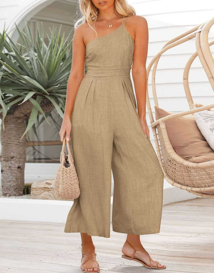 ANRABESS One Shoulder High Waist Wide Leg Linen Jumpsuit