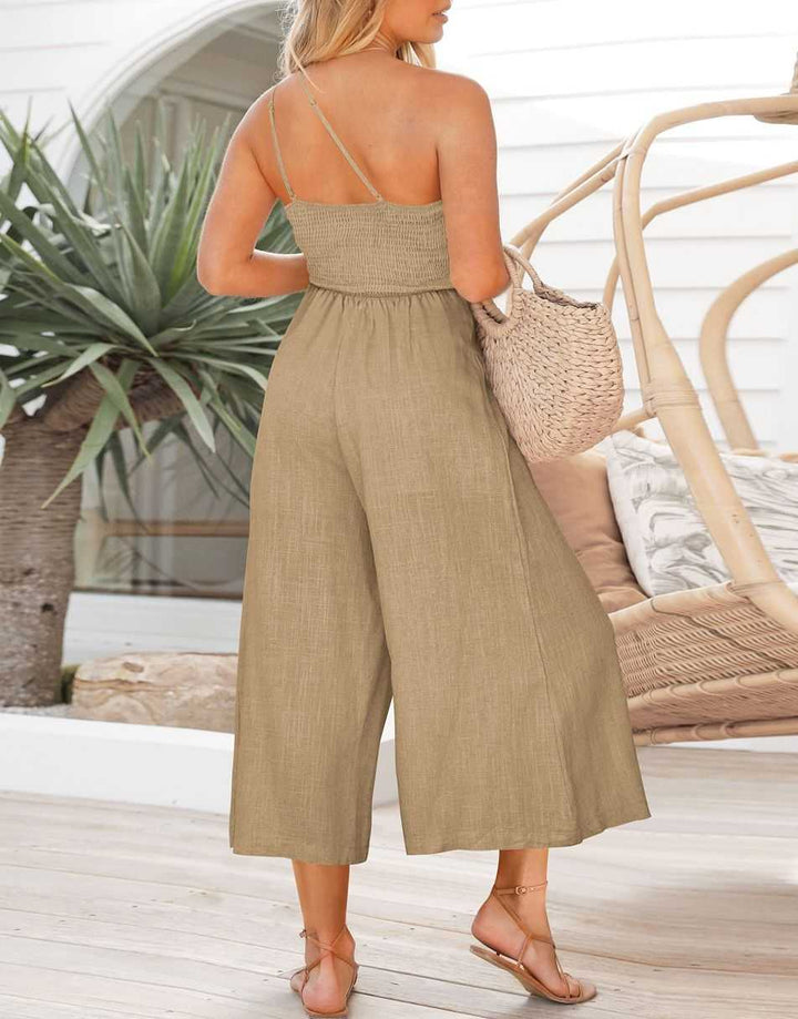 ANRABESS One Shoulder High Waist Wide Leg Linen Jumpsuit