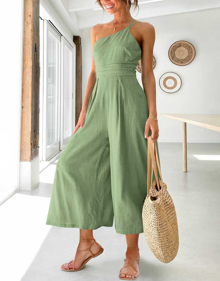 ANRABESS One Shoulder High Waist Wide Leg Linen Jumpsuit