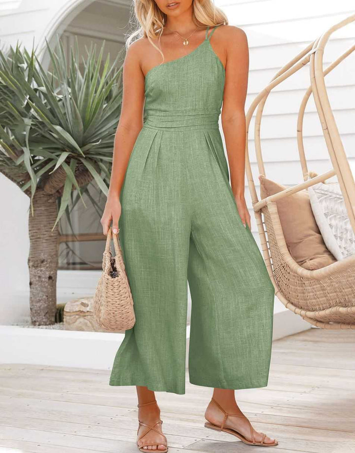 ANRABESS One Shoulder High Waist Wide Leg Linen Jumpsuit