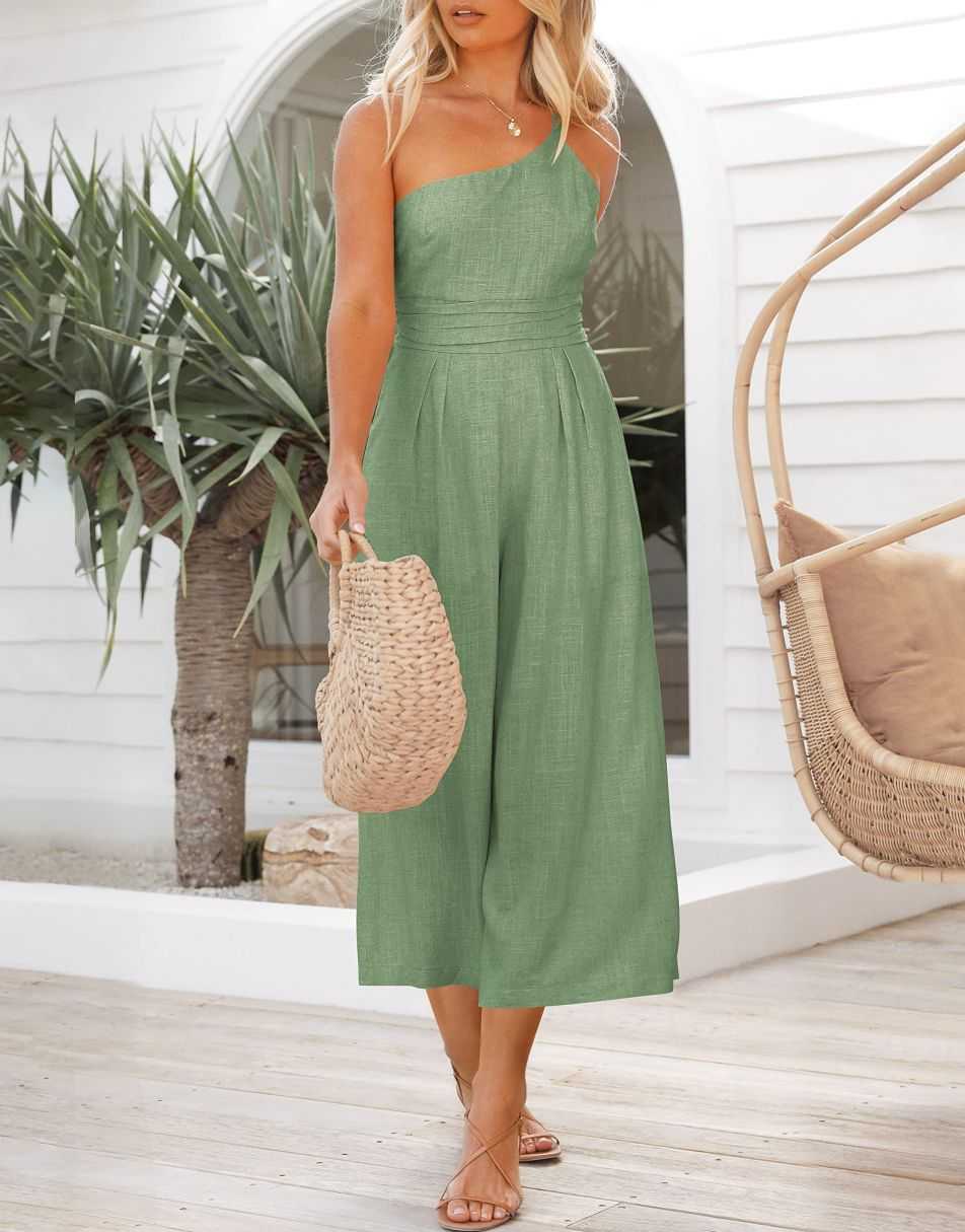 ANRABESS One Shoulder High Waist Wide Leg Linen Jumpsuit