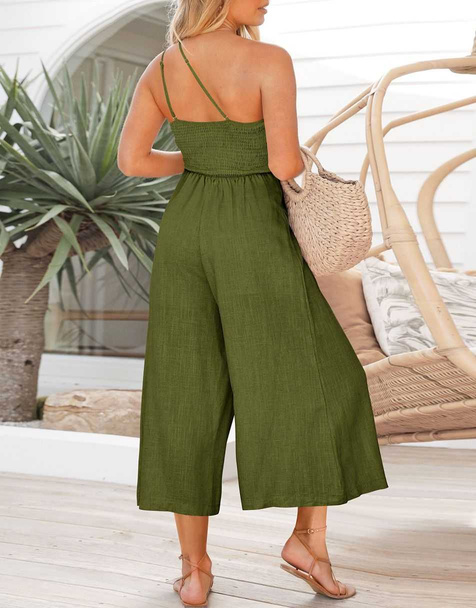 ANRABESS One Shoulder High Waist Wide Leg Linen Jumpsuit