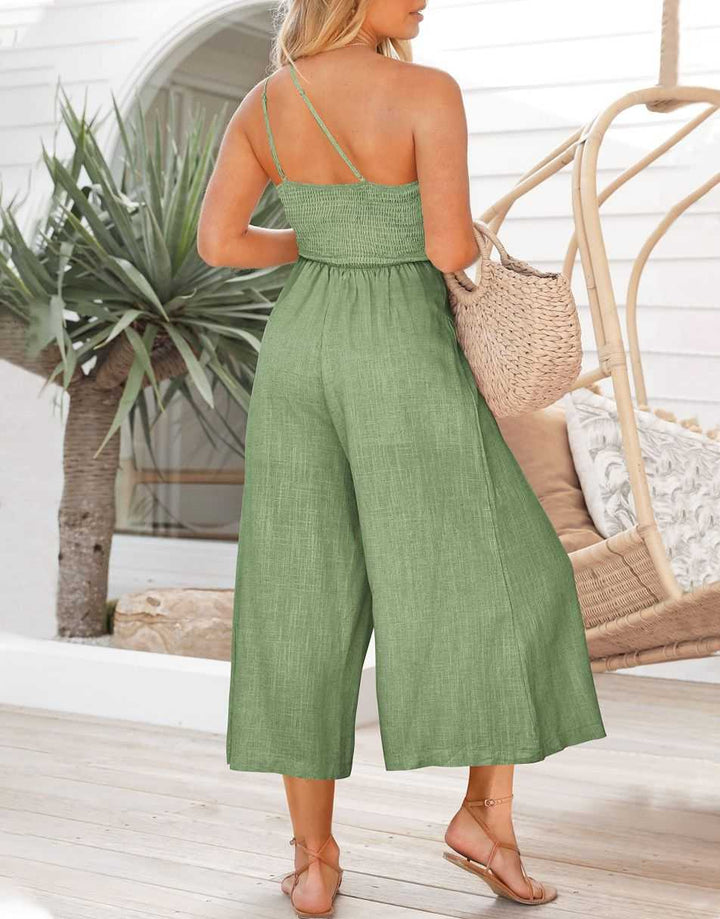 ANRABESS One Shoulder High Waist Wide Leg Linen Jumpsuit