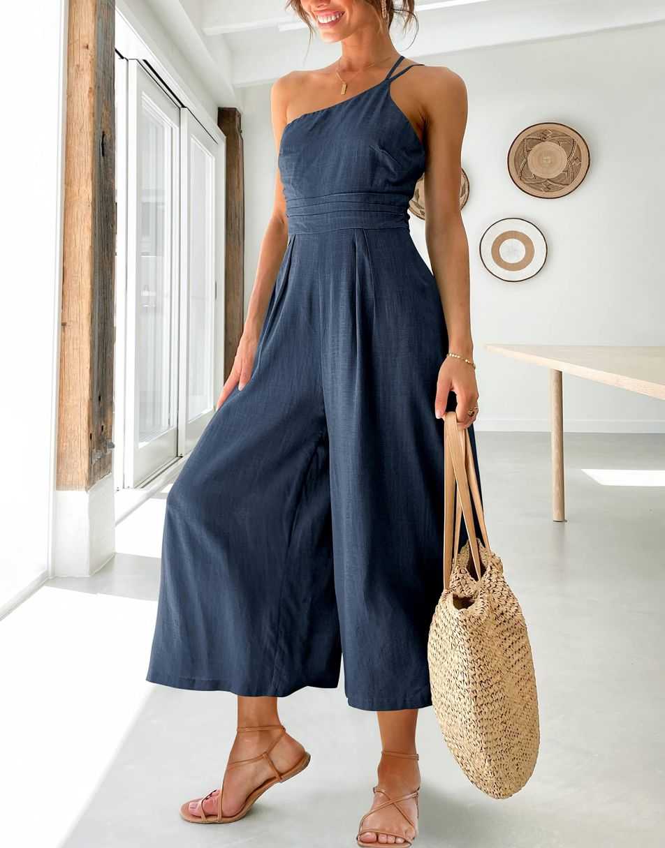 ANRABESS One Shoulder High Waist Wide Leg Linen Jumpsuit