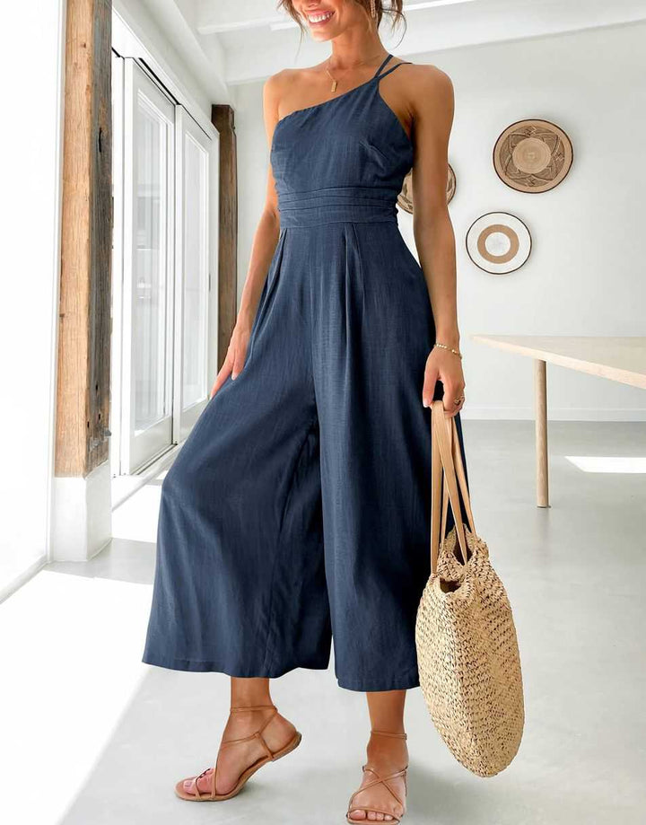 ANRABESS One Shoulder High Waist Wide Leg Linen Jumpsuit