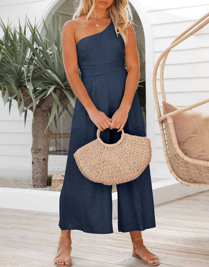 ANRABESS One Shoulder High Waist Wide Leg Linen Jumpsuit
