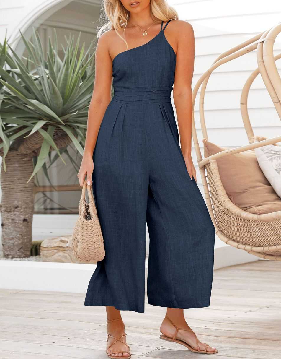 ANRABESS One Shoulder High Waist Wide Leg Linen Jumpsuit