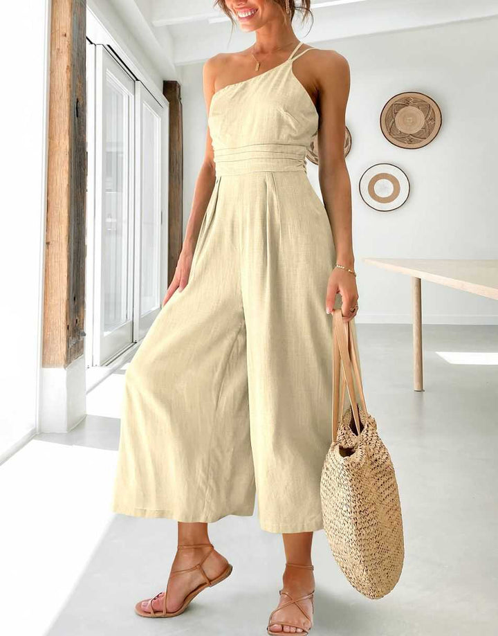 ANRABESS One Shoulder High Waist Wide Leg Linen Jumpsuit