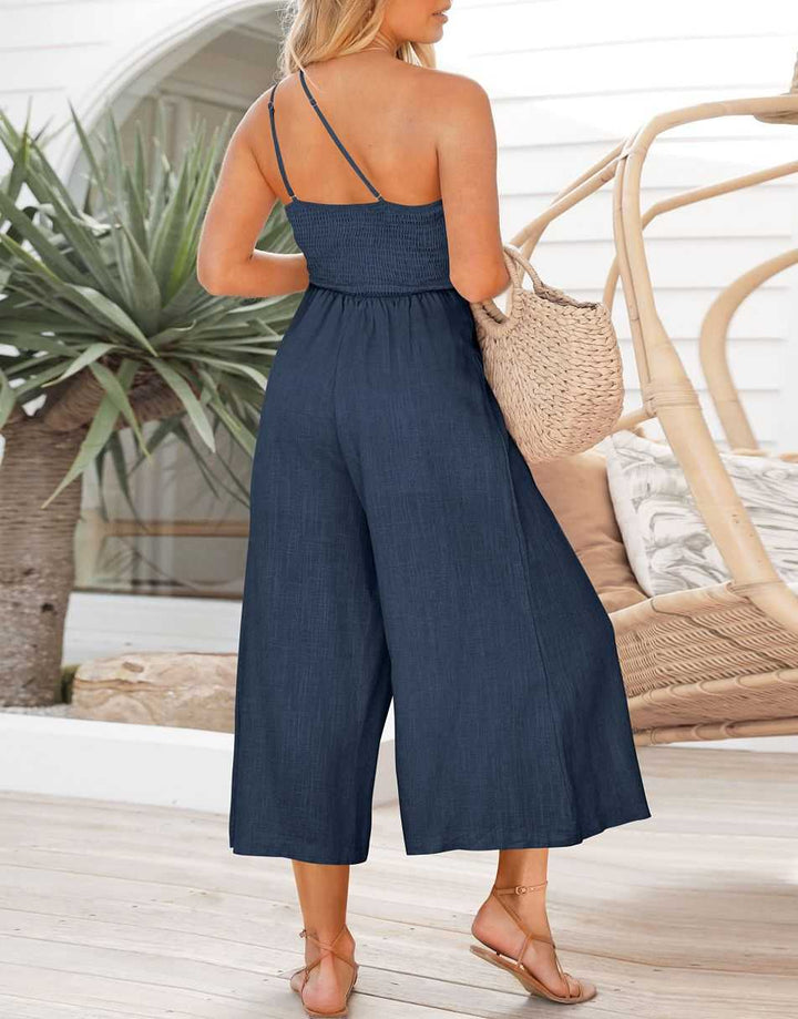 ANRABESS One Shoulder High Waist Wide Leg Linen Jumpsuit
