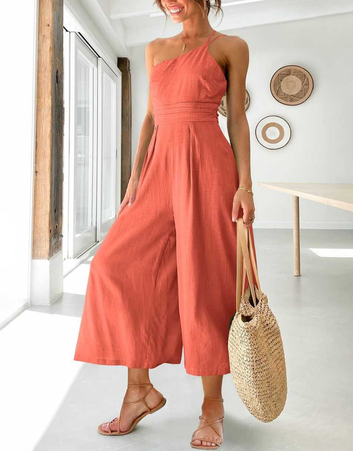 ANRABESS One Shoulder High Waist Wide Leg Linen Jumpsuit