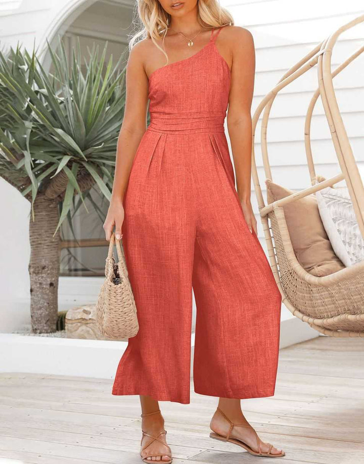 ANRABESS One Shoulder High Waist Wide Leg Linen Jumpsuit