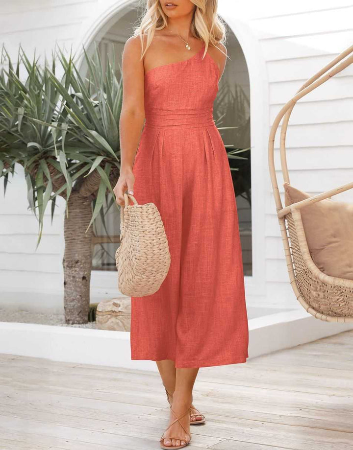 ANRABESS One Shoulder High Waist Wide Leg Linen Jumpsuit