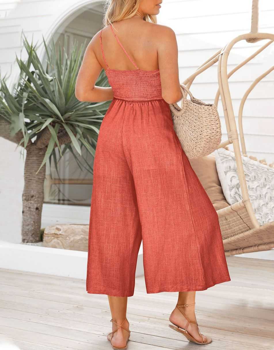ANRABESS One Shoulder High Waist Wide Leg Linen Jumpsuit