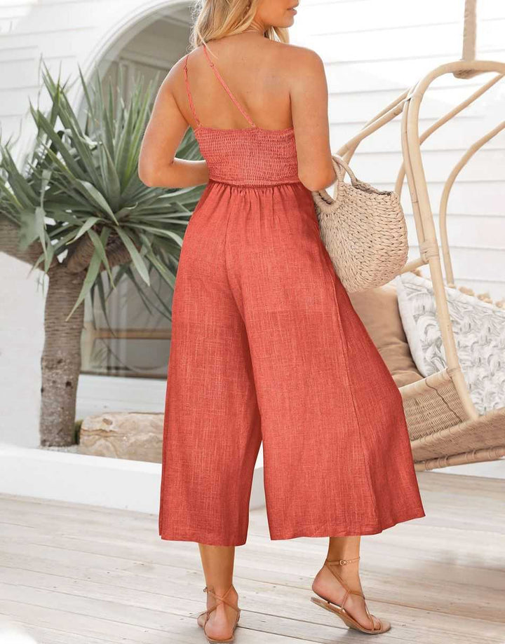 ANRABESS One Shoulder High Waist Wide Leg Linen Jumpsuit