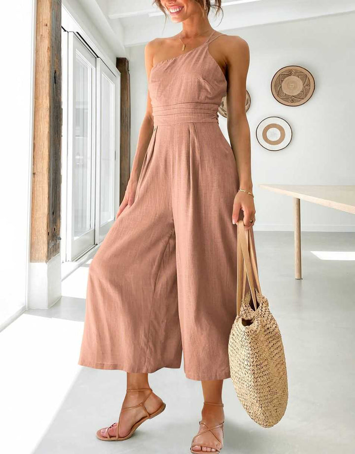 ANRABESS One Shoulder High Waist Wide Leg Linen Jumpsuit