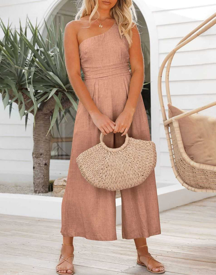 ANRABESS One Shoulder High Waist Wide Leg Linen Jumpsuit