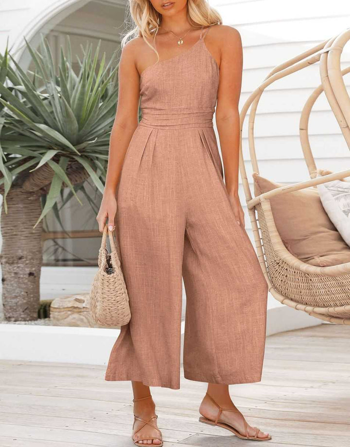 ANRABESS One Shoulder High Waist Wide Leg Linen Jumpsuit
