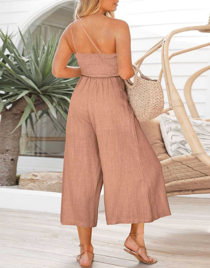 ANRABESS One Shoulder High Waist Wide Leg Linen Jumpsuit