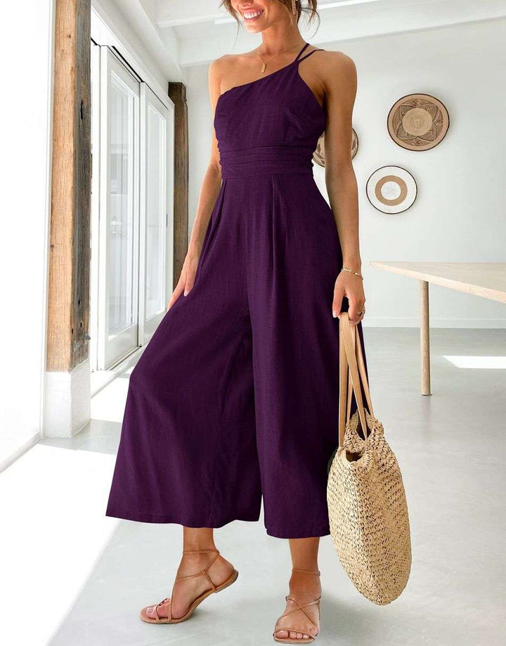 ANRABESS One Shoulder High Waist Wide Leg Linen Jumpsuit