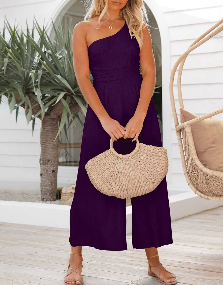 ANRABESS One Shoulder High Waist Wide Leg Linen Jumpsuit