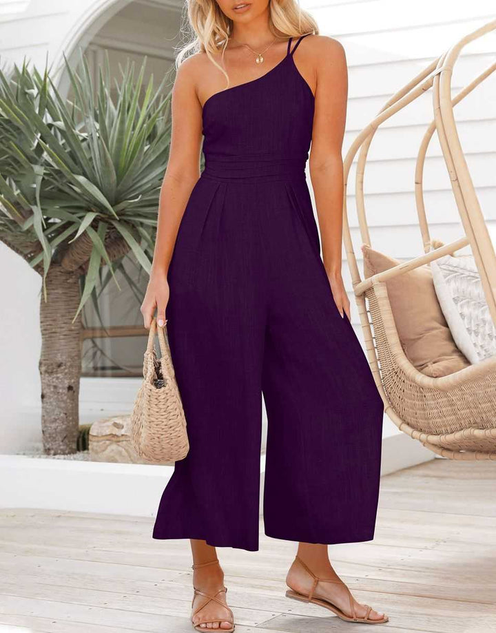 ANRABESS One Shoulder High Waist Wide Leg Linen Jumpsuit