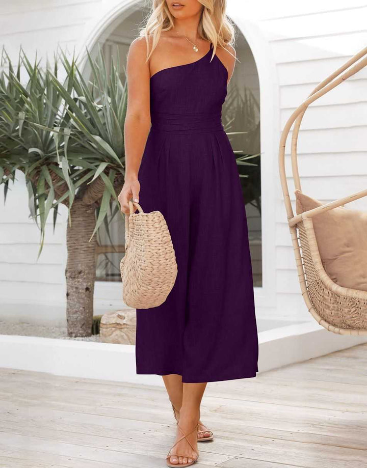 ANRABESS One Shoulder High Waist Wide Leg Linen Jumpsuit