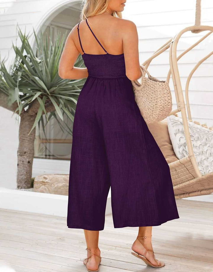 ANRABESS One Shoulder High Waist Wide Leg Linen Jumpsuit