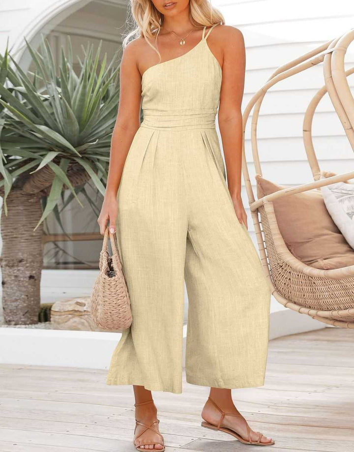 ANRABESS One Shoulder High Waist Wide Leg Linen Jumpsuit