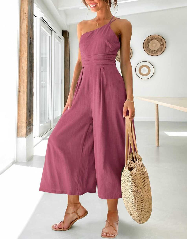 ANRABESS One Shoulder High Waist Wide Leg Linen Jumpsuit