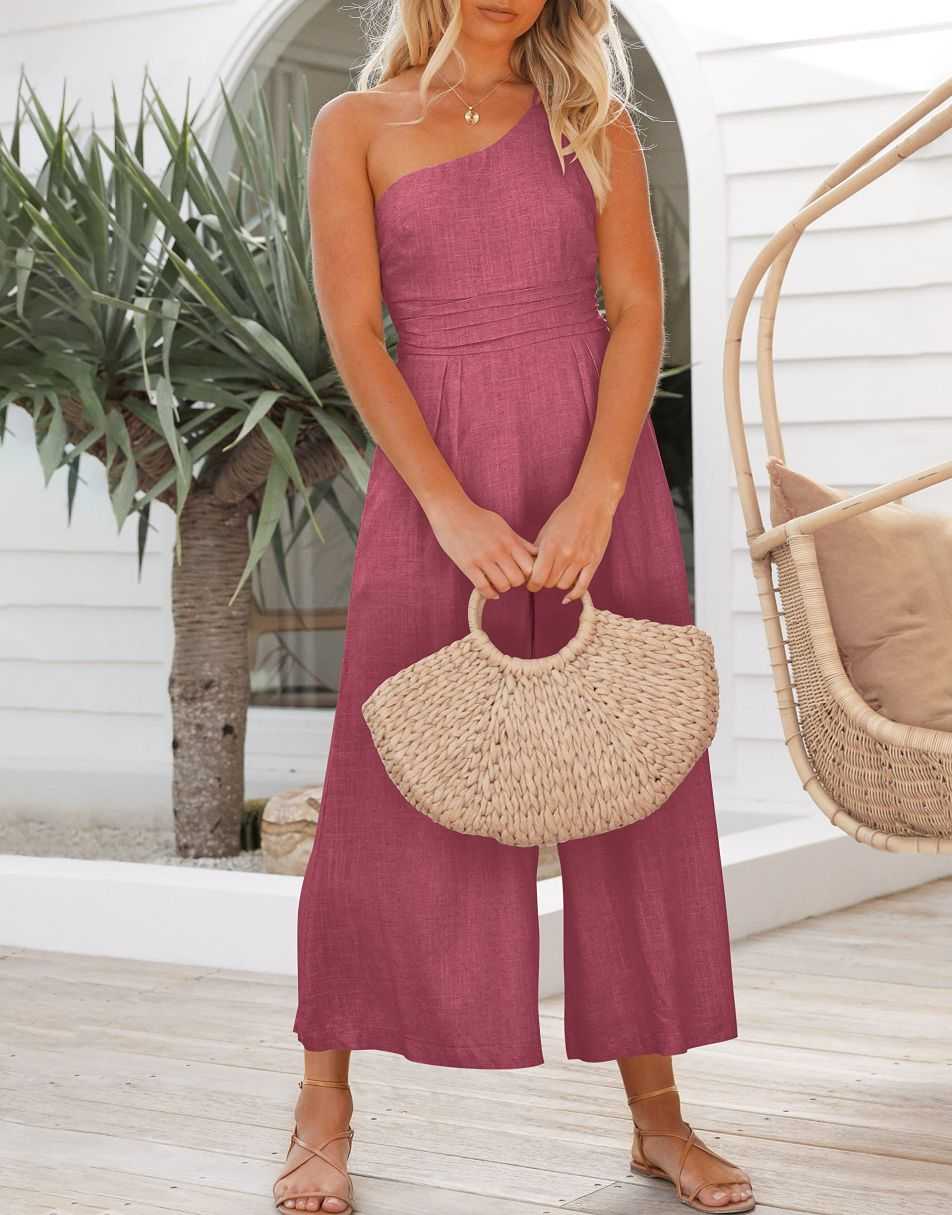 ANRABESS One Shoulder High Waist Wide Leg Linen Jumpsuit