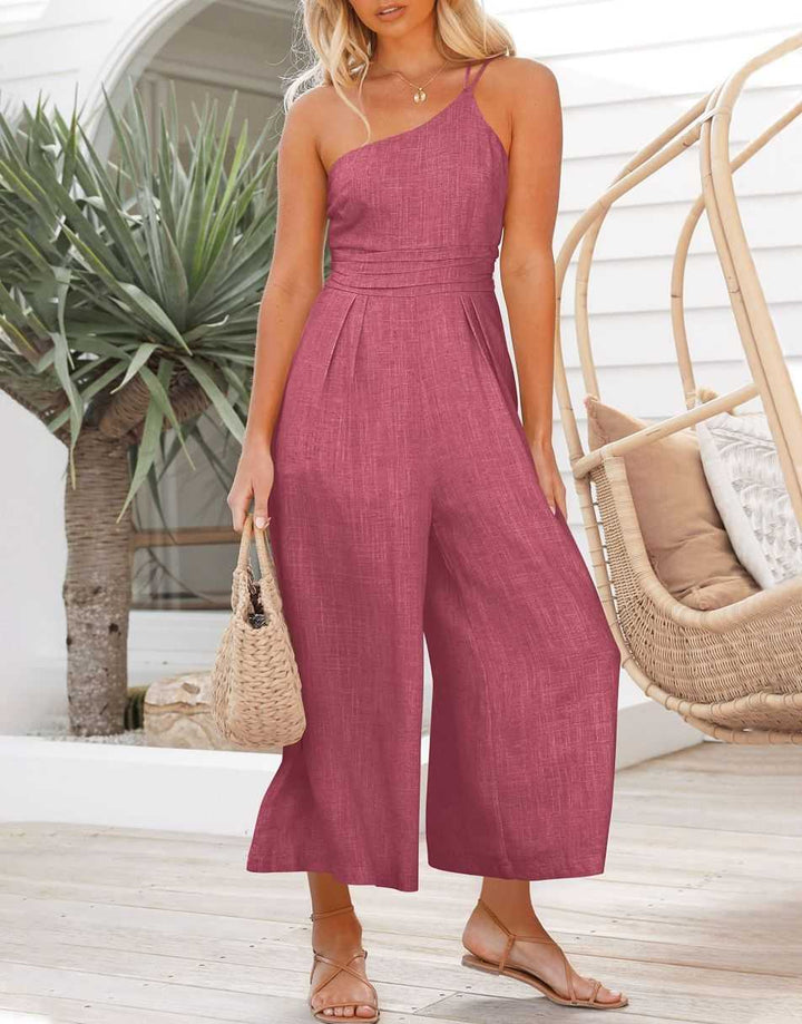 ANRABESS One Shoulder High Waist Wide Leg Linen Jumpsuit