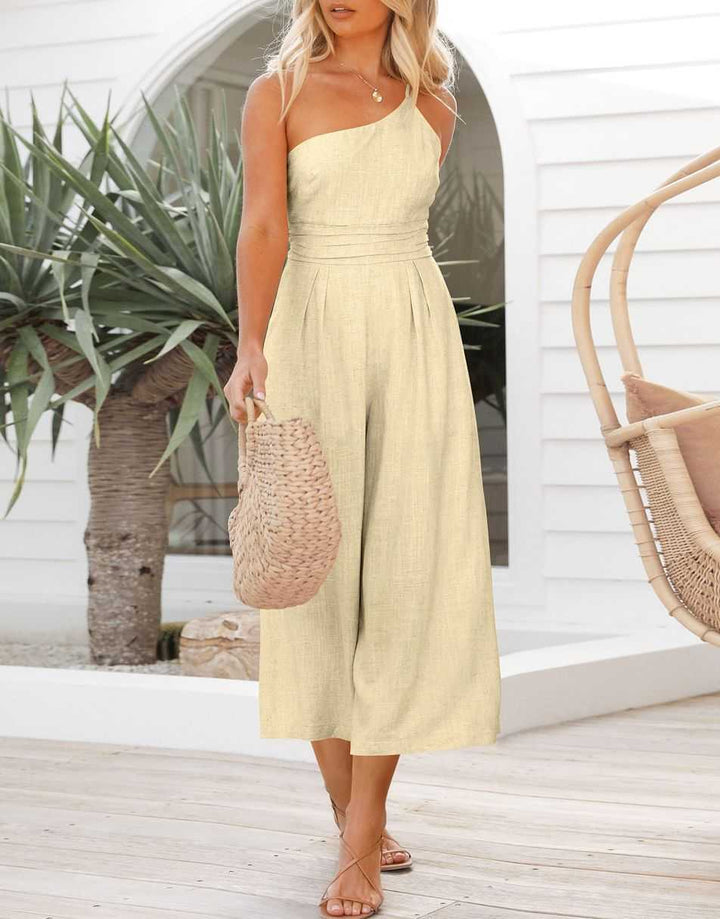 ANRABESS One Shoulder High Waist Wide Leg Linen Jumpsuit