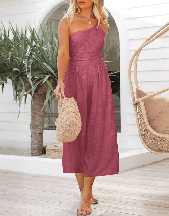 ANRABESS One Shoulder High Waist Wide Leg Linen Jumpsuit