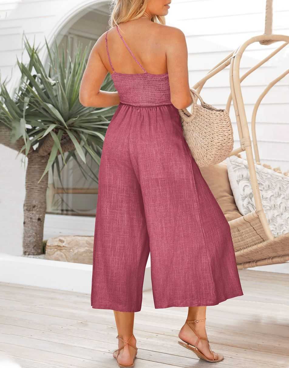 ANRABESS One Shoulder High Waist Wide Leg Linen Jumpsuit