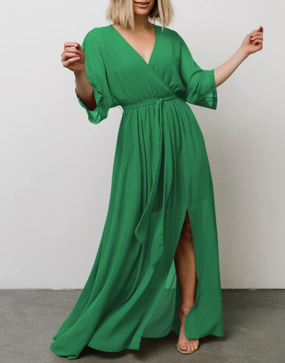 ANRABESS Floral Print Kimono Wrap V-Neck Long Dress