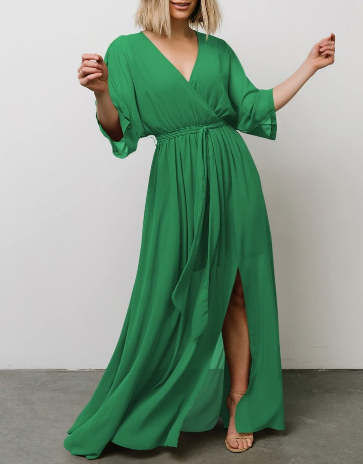 ANRABESS Floral Print Kimono Wrap V-Neck Long Dress