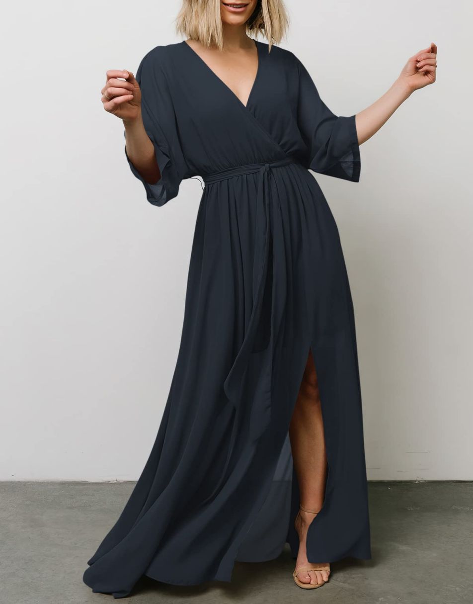 ANRABESS Floral Print Kimono Wrap V-Neck Long Dress