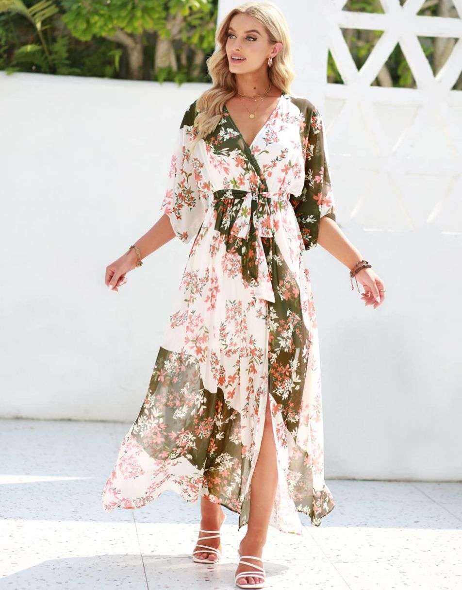 ANRABESS Floral Print Kimono Wrap V-Neck Long Dress