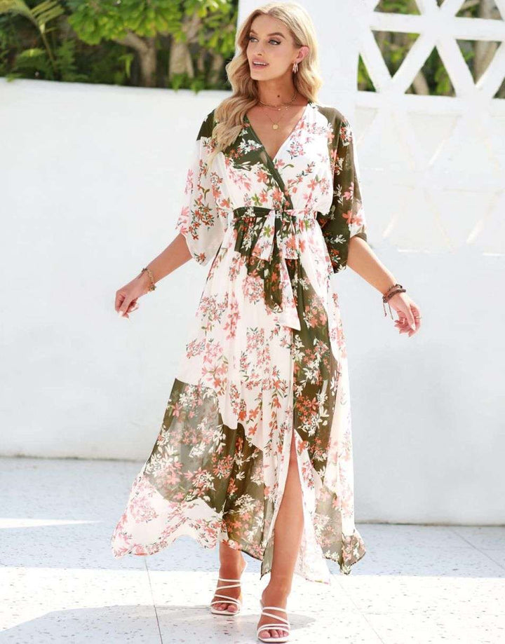 ANRABESS Floral Print Kimono Wrap V-Neck Long Dress