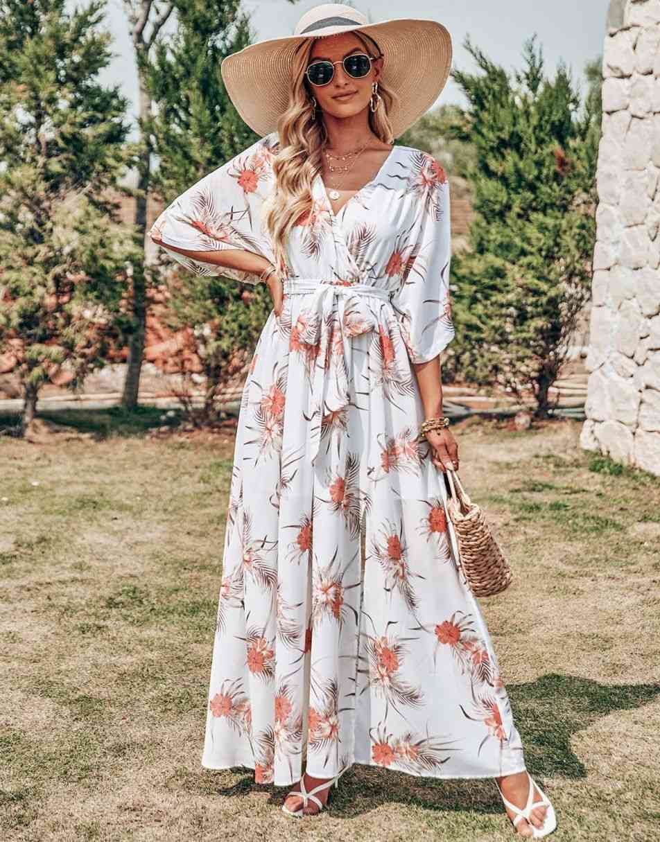 ANRABESS Floral Print Kimono Wrap V-Neck Long Dress