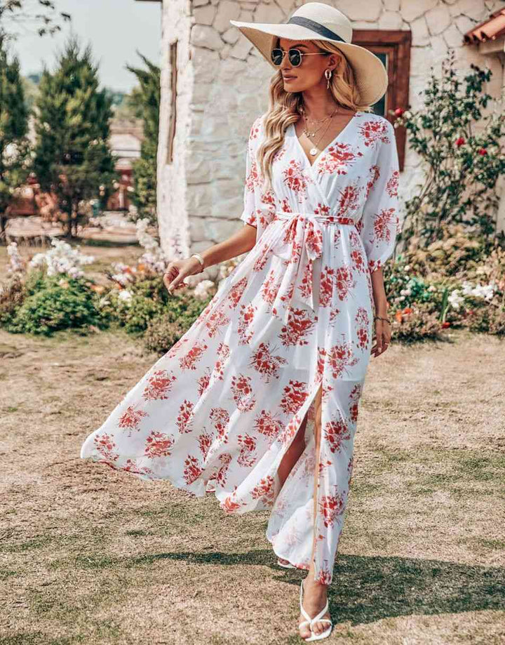 ANRABESS Floral Print Kimono Wrap V-Neck Long Dress