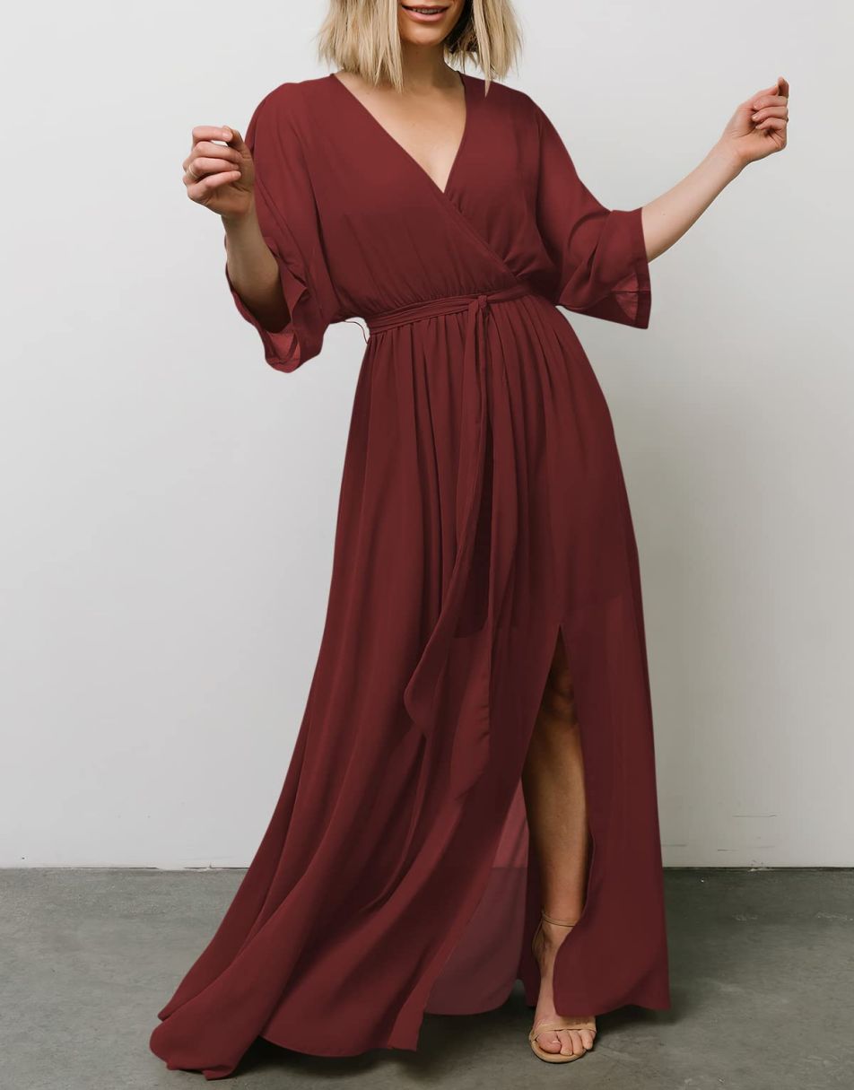 ANRABESS Floral Print Kimono Wrap V-Neck Long Dress