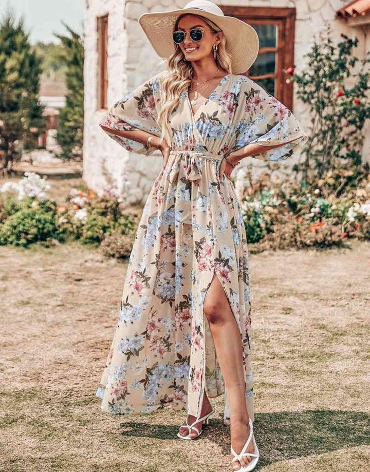 ANRABESS Floral Print Kimono Wrap V-Neck Long Dress