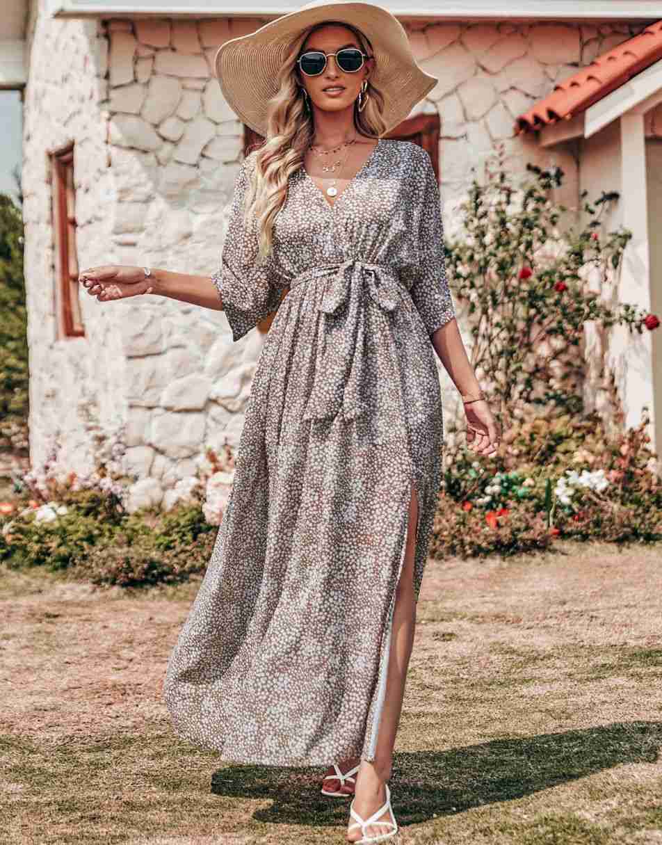ANRABESS Floral Print Kimono Wrap V-Neck Long Dress
