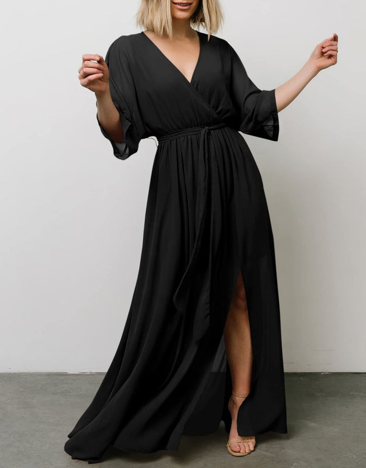 ANRABESS Floral Print Kimono Wrap V-Neck Long Dress