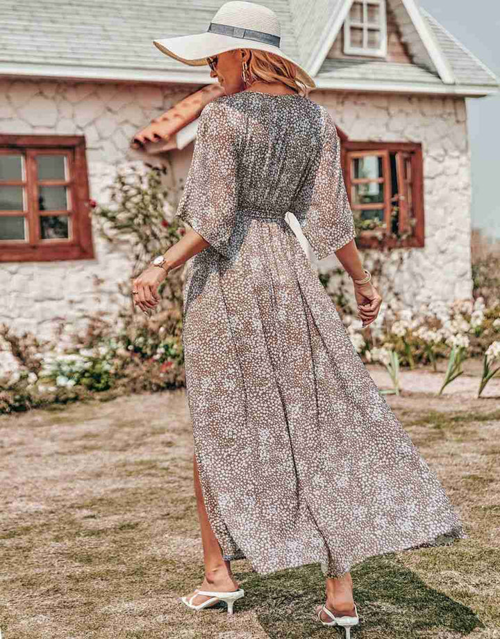 ANRABESS Floral Print Kimono Wrap V-Neck Long Dress
