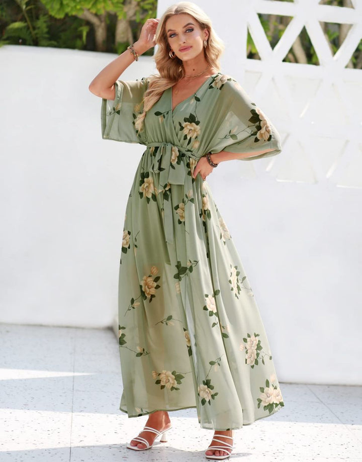 ANRABESS Floral Print Kimono Wrap V-Neck Long Dress