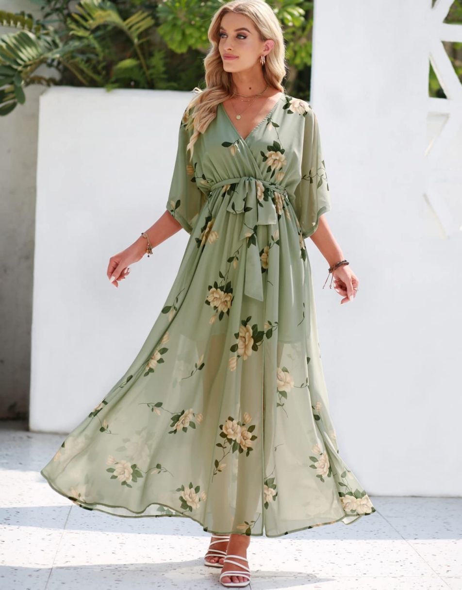 ANRABESS Floral Print Kimono Wrap V-Neck Long Dress