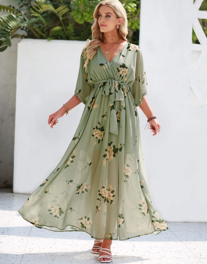 ANRABESS Floral Print Kimono Wrap V-Neck Long Dress