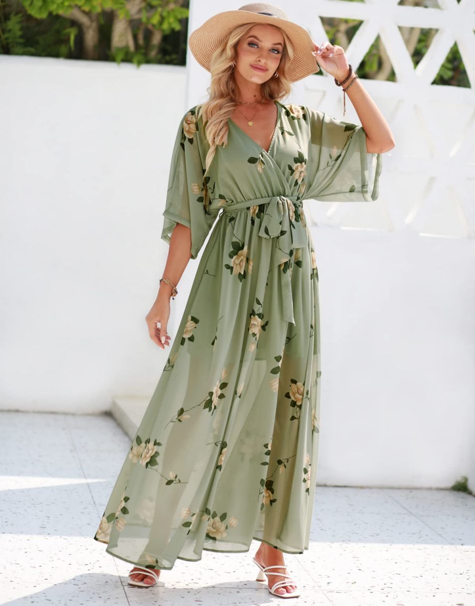 ANRABESS Floral Print Kimono Wrap V-Neck Long Dress